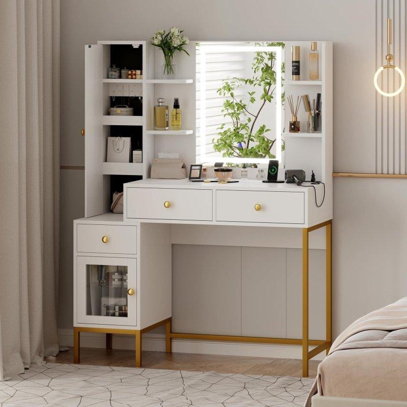 Beyaz Meşe ve Metal LED Işıklı Aynalı 3 Çekmeceli USB Portlu Makyaj Masası Şifonyer - 110x136 cm - 305743