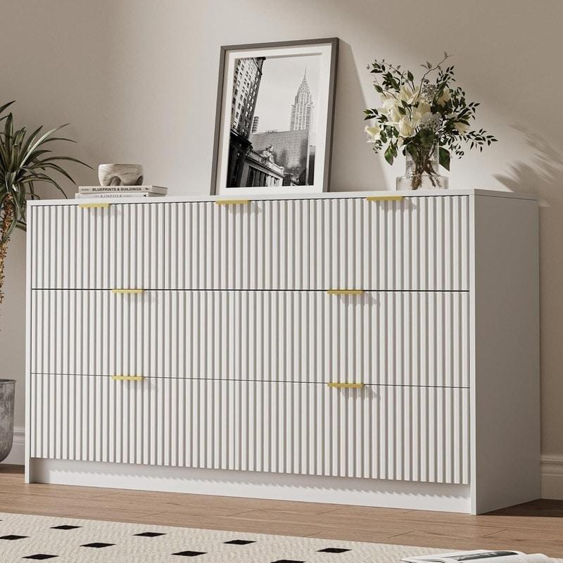 Beyaz Meşe Yivli Gold Kulplu Modern Şifonyer - 302283