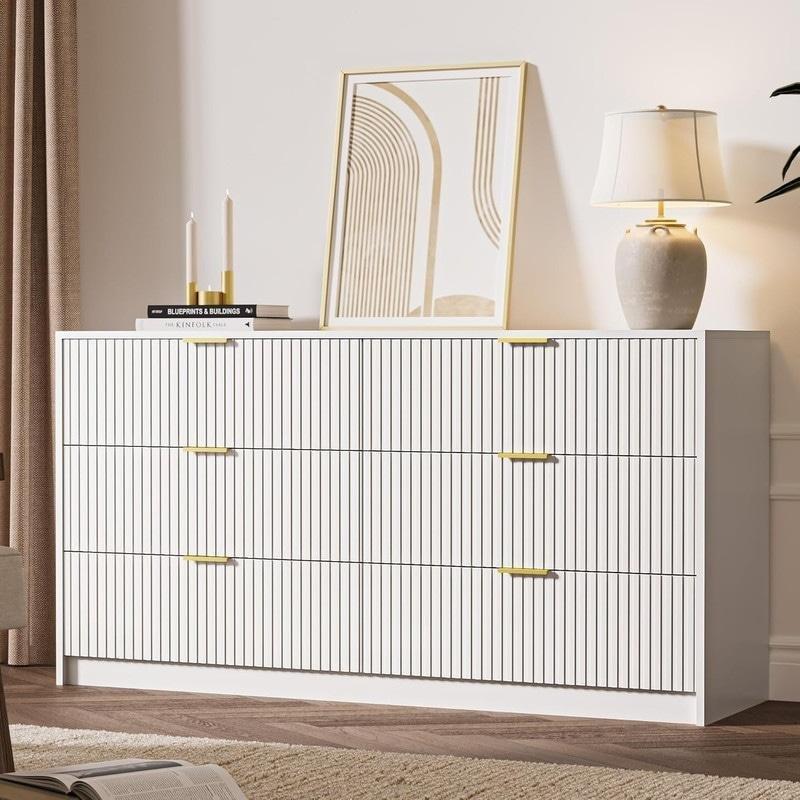 Beyaz Meşe Yivli Gold Kulplu Modern Şifonyer - 302283