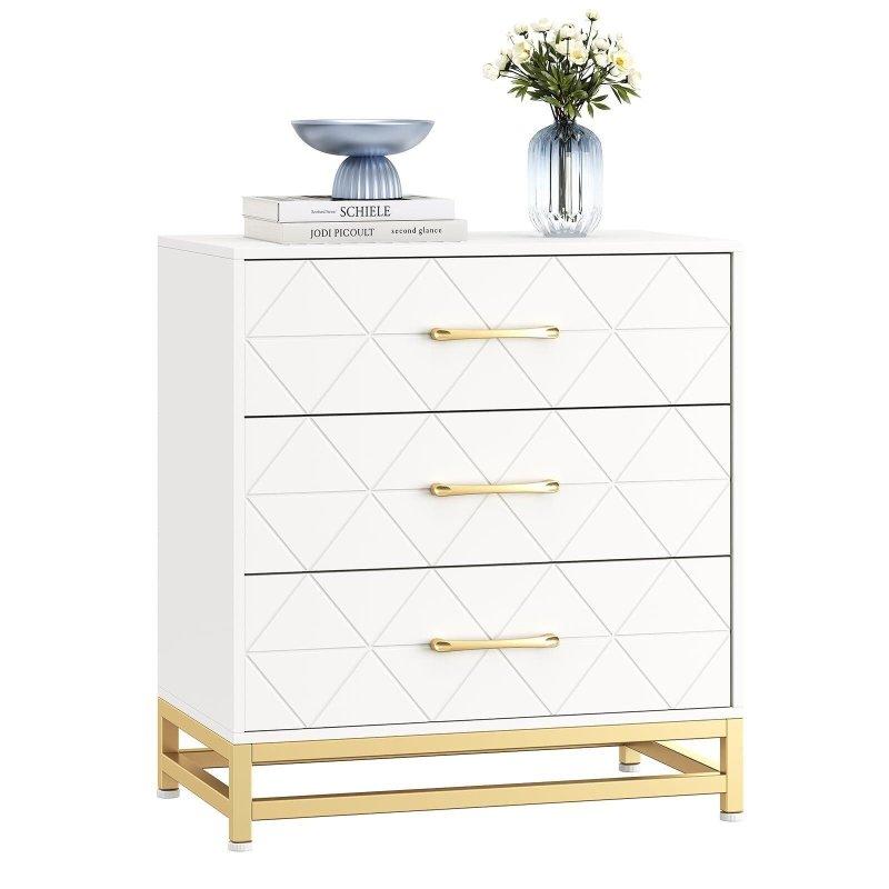 Beyaz Metal Ayaklı Gold Kulplu 3 Çekmeceli Şifonyer - 61x41x74 cm - 295186