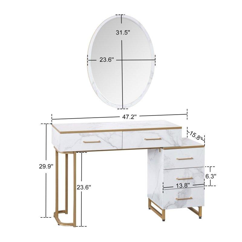 Beyaz Metal Aynalı 5 Çekmeceli Gold Detaylı Makyaj Masası Şifonyer - 120 cm - 305769