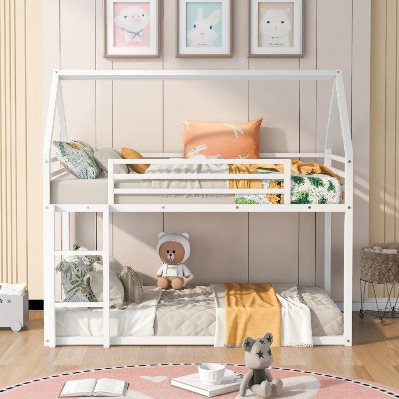 Beyaz Metal Ev Çatısı Tasarımlı Korkuluklu Ranza - 103x195 cm - 247792