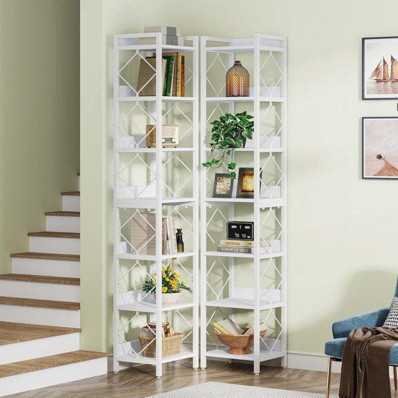 Beyaz Metal ve MDF 7 Raflı Dar Köşe Kitaplık - 35x35x200 cm - 314480