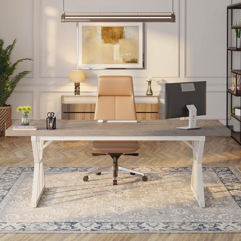 Beyaz Metal X Ayaklı Eskitme MDF Geniş Ofis Masası - 180x80 cm - 328118