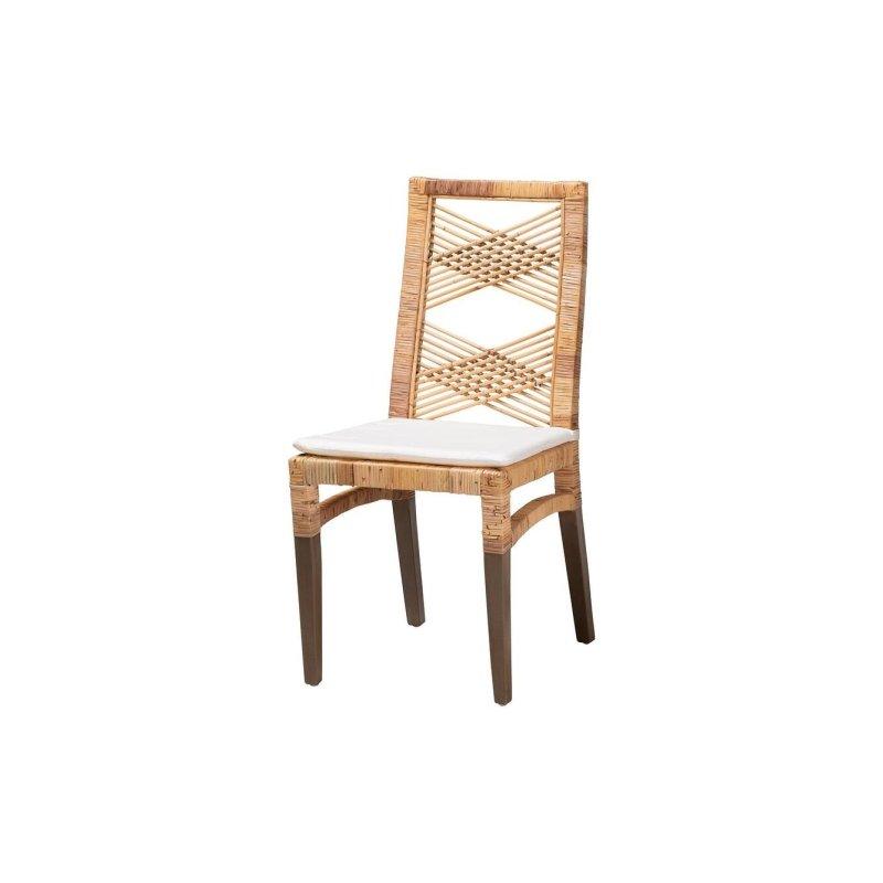 Beyaz Minderli Doğal Kahverengi Maun Ahşap Bohem Tasarım Rattan Sandalye - 44x56x95 cm - 253233