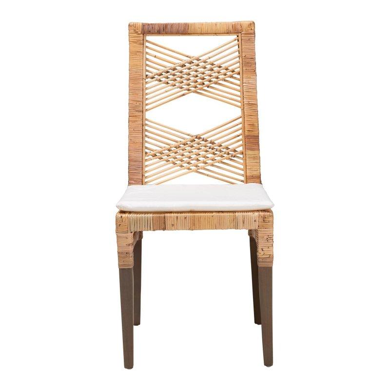 Beyaz Minderli Doğal Kahverengi Maun Ahşap Bohem Tasarım Rattan Sandalye - 44x56x95 cm - 253233