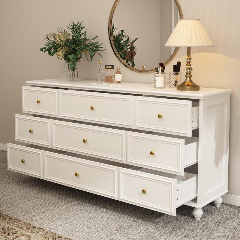 Beyaz Modern Kır Evi Tasarım 912 Çekmeceli Gold Kulplu Şifonyer - 161 cm - 301469