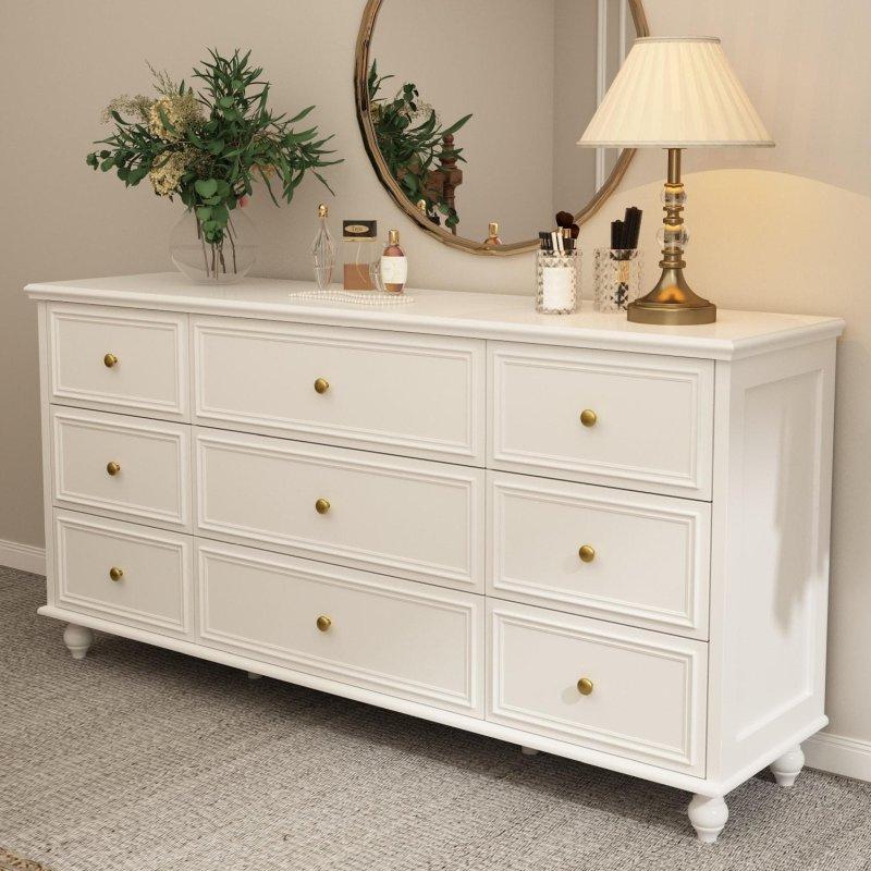 Beyaz Modern Kır Evi Tasarım 912 Çekmeceli Gold Kulplu Şifonyer - 161 cm - 301469