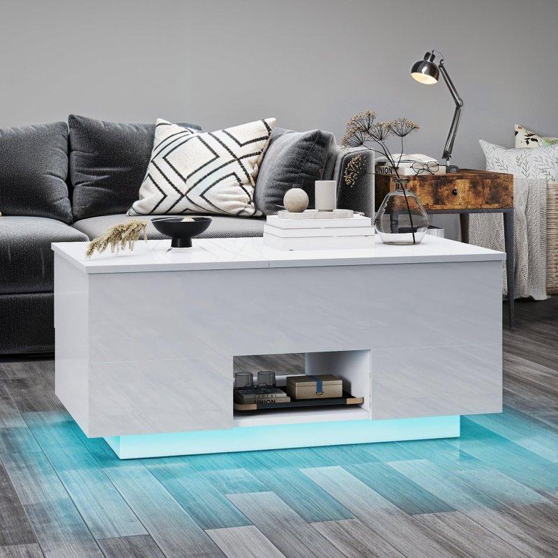Beyaz Parlak MDF Kaldırılabilir Tablalı Çekmeceli LED Aydınlatmalı ve Prizli Akıllı Sehpa - 100x54 cm - 254230