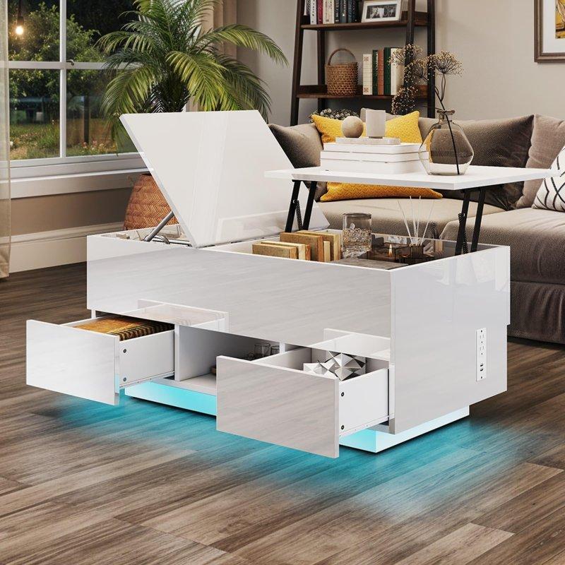 Beyaz Parlak MDF Kaldırılabilir Tablalı Çekmeceli LED Aydınlatmalı ve Prizli Akıllı Sehpa - 100x54 cm - 254230