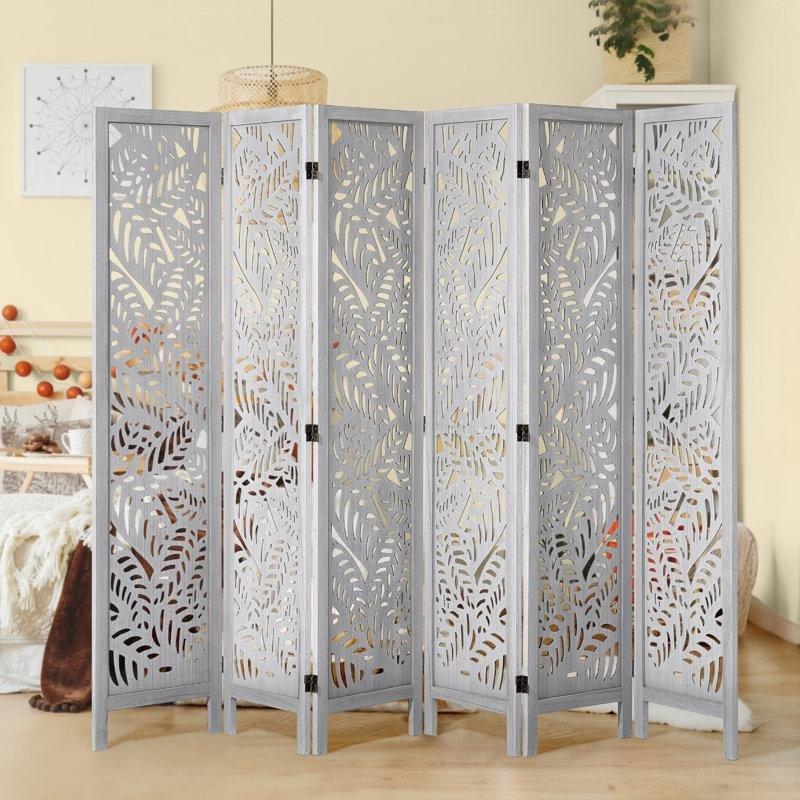 Beyaz Paulownia Ahşap Oymalı Katlanır Paravan - 170x242 cm - 321234