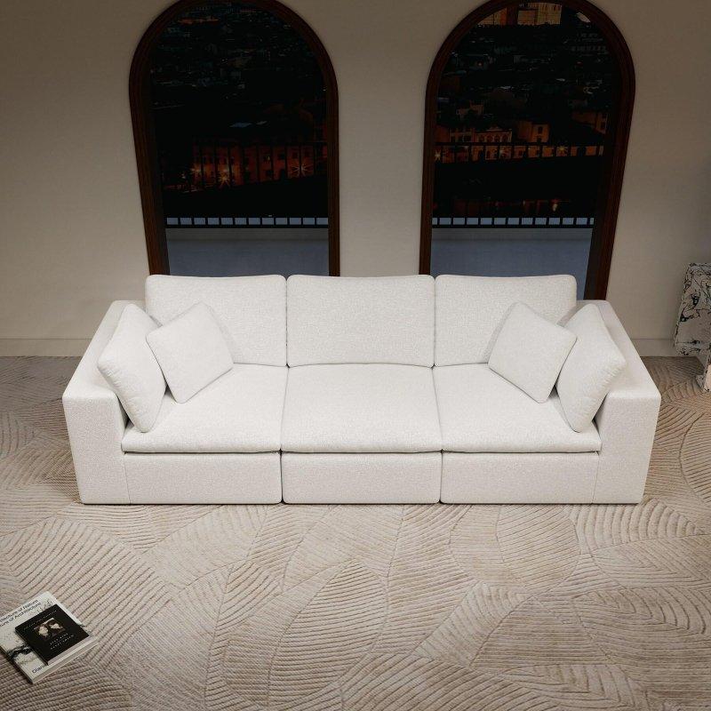 Beyaz Pelüş Kadife Kumaş Modüler Yastık Sırtlı Bohem Koltuk - 276x101 cm - 293460