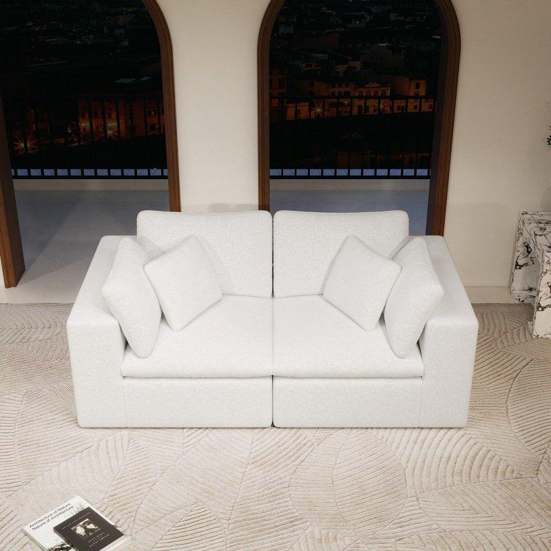 Beyaz Pelüş Kadife Modüler Yastık Sırtlı Bohem Koltuk - 201 cm - 293949