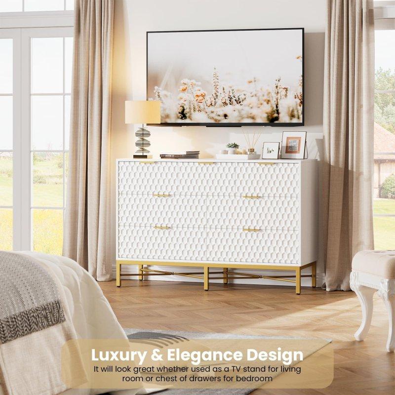 Beyaz Petek Desenli Gold Metal Ayaklı 7 Çekmeceli MDF Şifonyer - 60x81x40 cm - 295843