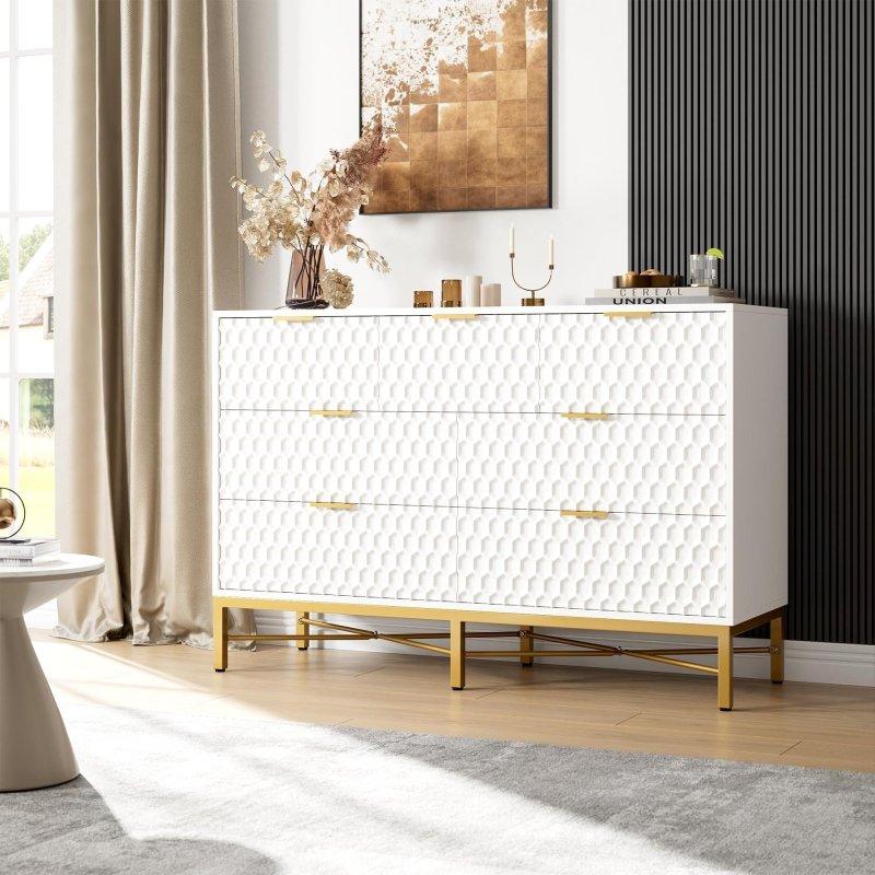 Beyaz Petek Desenli Gold Metal Ayaklı 7 Çekmeceli MDF Şifonyer - 60x81x40 cm - 295843