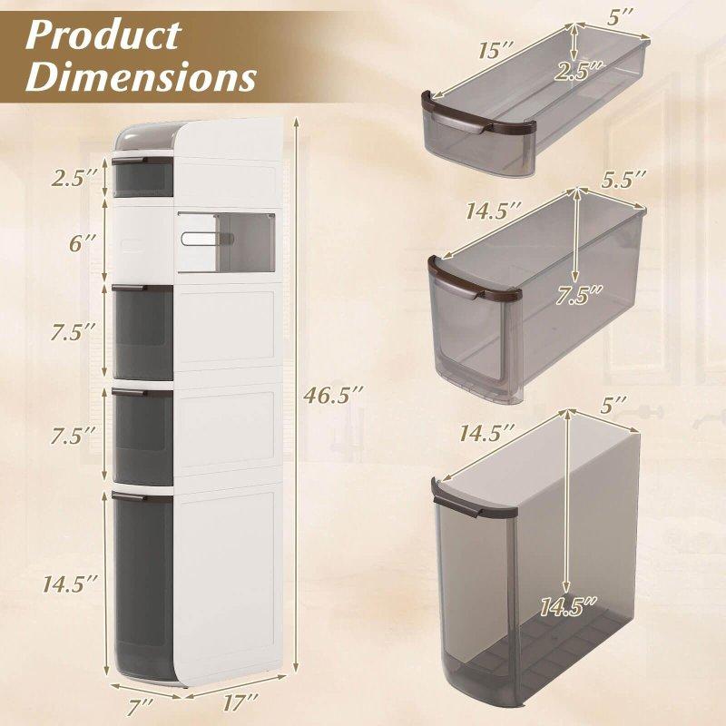 Beyaz Plastik Tekerlekli Çekmeceli Dar Çok Amaçlı Banyo Dolabı - 18x44x119 cm - 333969