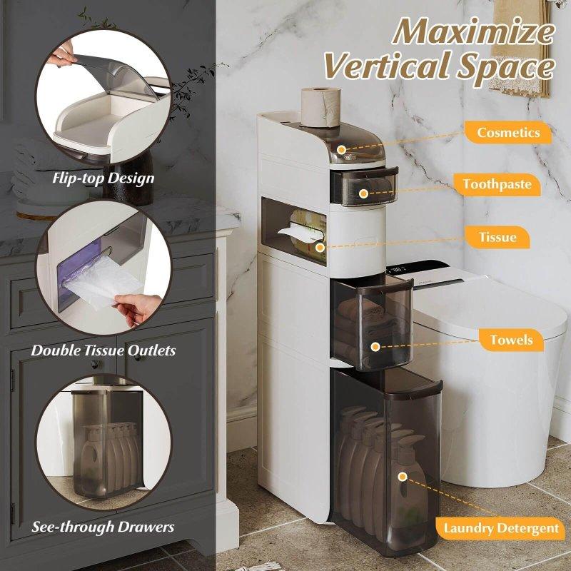 Beyaz Plastik Tekerlekli Çekmeceli Dar Çok Amaçlı Banyo Dolabı - 18x44x98 cm - 333381