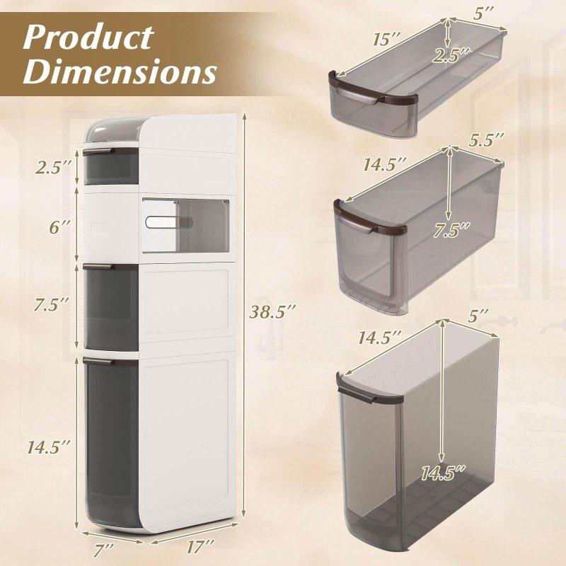 Beyaz Plastik Tekerlekli Çekmeceli Dar Çok Amaçlı Banyo Dolabı - 18x44x98 cm - 333381