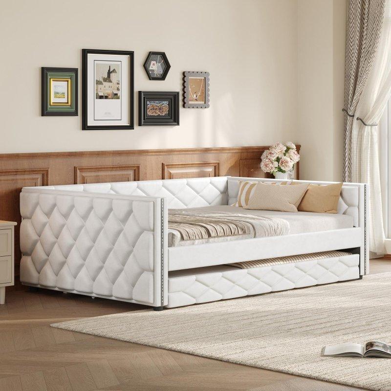 Beyaz Poliüretan Deri Döşemeli LED Kolçaklı Yavru Yataklı Daybed Karyola - 329792