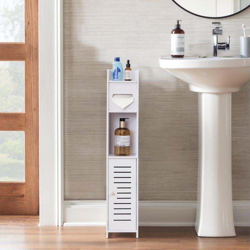 Beyaz PVC Raflı Kapaklı Dar Çok Amaçlı Banyo Dolabı - 16x17x81 cm - 333448