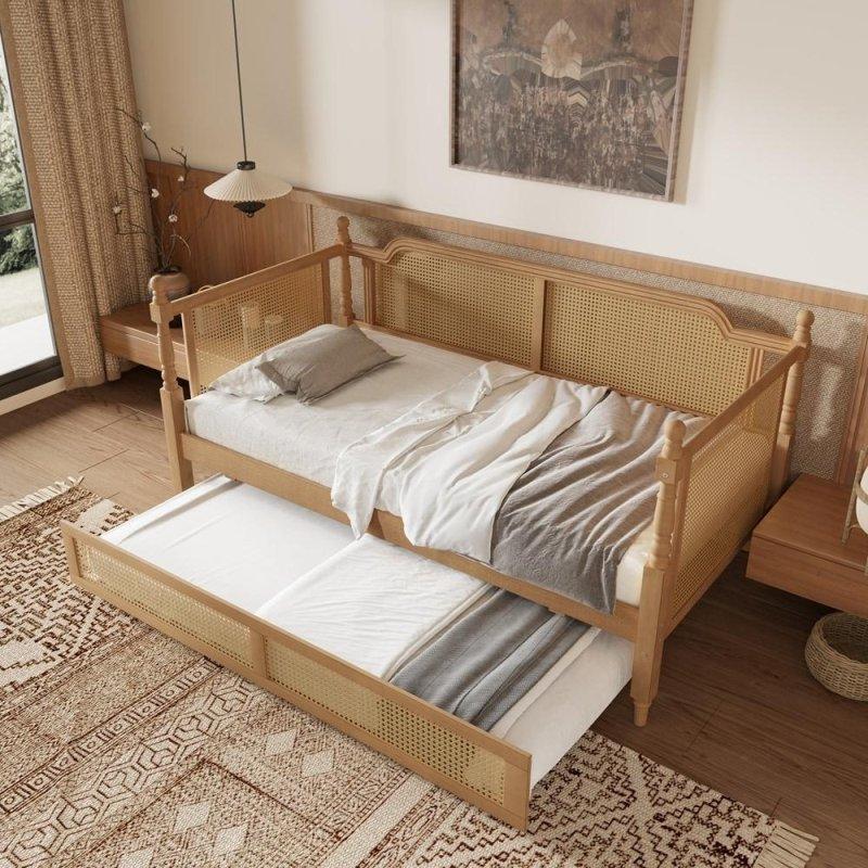 Beyaz Rattan Çekmeceli Masif Ahşap Daybed Karyola - 330615