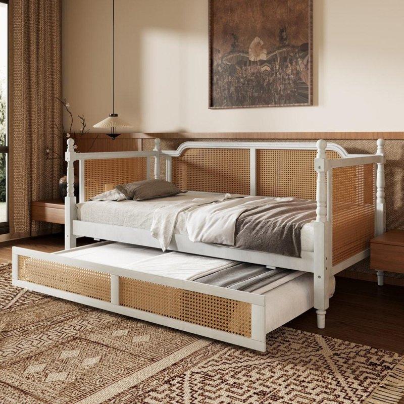 Beyaz Rattan Çekmeceli Masif Ahşap Daybed Karyola - 330615