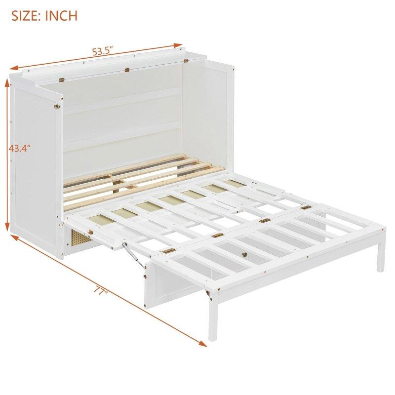 Beyaz Rattan Desenli Ahşap Çekmeceli Katlanır Duvar Yatağı - 136 cm - 261185