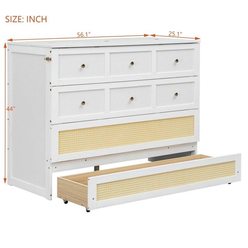 Beyaz Rattan Desenli Ahşap Çekmeceli Katlanır Duvar Yatağı - 136 cm - 261185