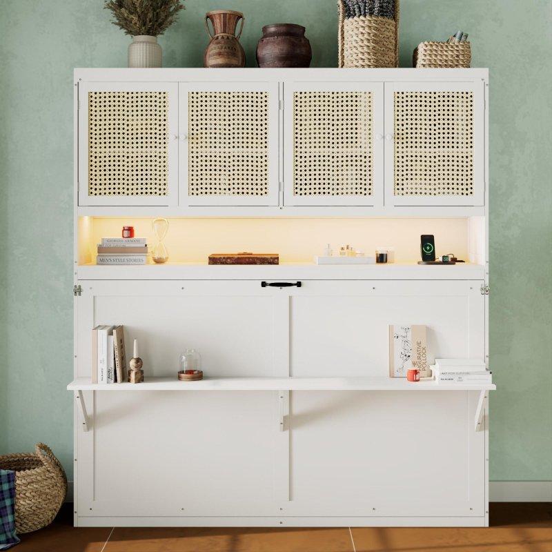 Beyaz Rattan MDF Masalı Dolaplı LED Aydınlatmalı Yan Açılır Duvar Yatağı - 210 cm - 265187