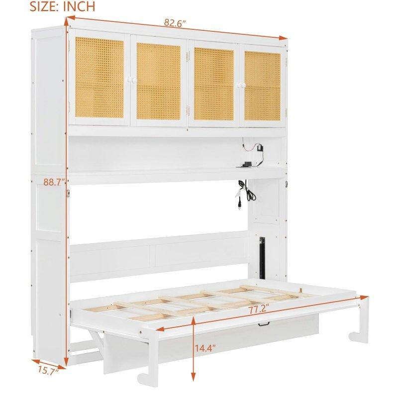 Beyaz Rattan MDF Masalı Dolaplı LED Aydınlatmalı Yan Açılır Duvar Yatağı - 210 cm - 265187
