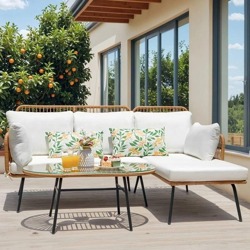 Beyaz Rattan Metal Minderli 3 Parça Orta Sehpalı Bahçe Takımı - 176x131x80 cm - 268666
