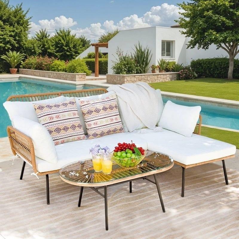 Beyaz Rattan Metal Minderli 3 Parça Orta Sehpalı Bahçe Takımı - 176x131x80 cm - 268666