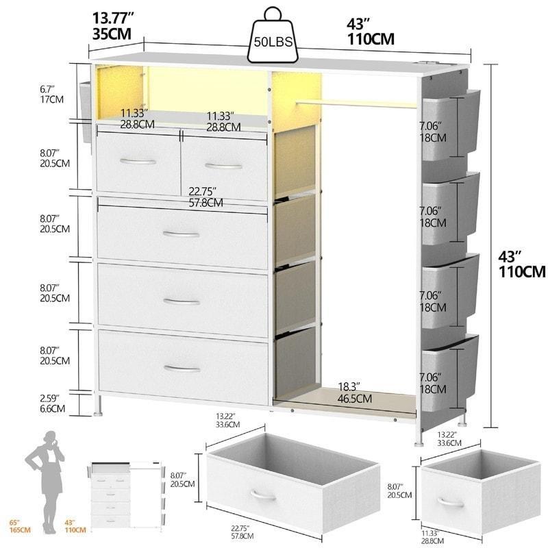 Beyaz RGB LED Aydınlatmalı Şarj İstasyonlu Askılıklı 5 Çekmeceli Şifonyer - 310424