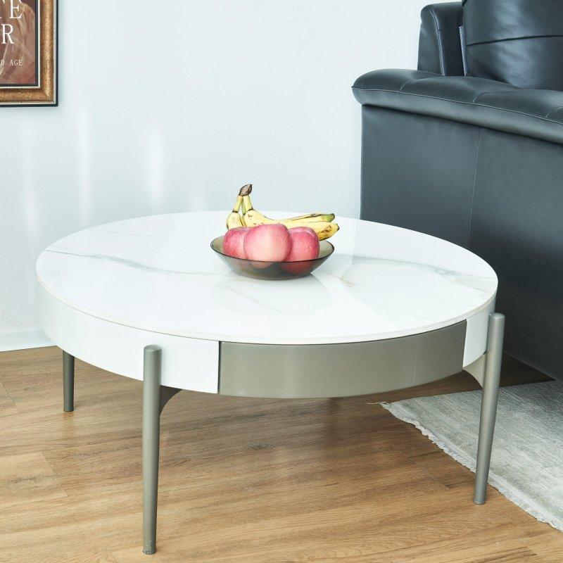 Beyaz Seramik ve Metal Çekmeceli Yuvarlak Orta Sehpa - 80 cm - 242268