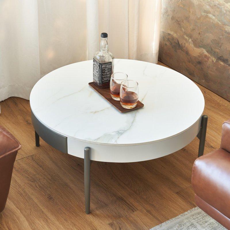 Beyaz Seramik ve Metal Çekmeceli Yuvarlak Orta Sehpa - 80 cm - 242268