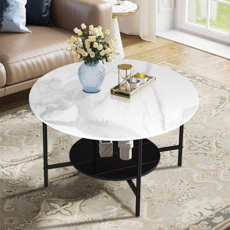 Beyaz Sinterlenmiş Taş İki Katlı Metal Ayaklı Yuvarlak Orta Sehpa - 80x48 cm - 240931