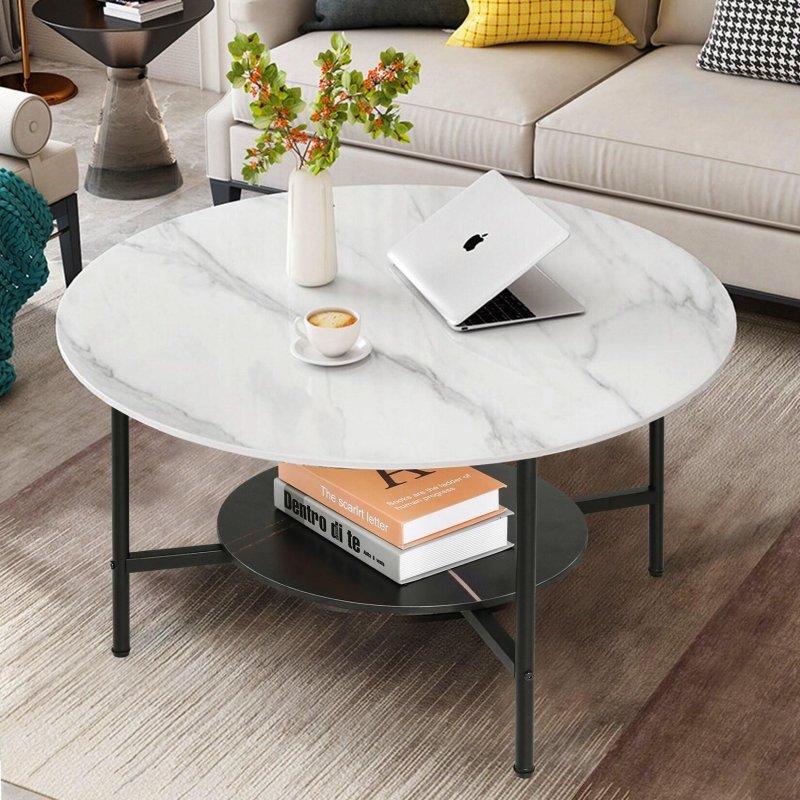 Beyaz Sinterlenmiş Taş İki Katlı Metal Ayaklı Yuvarlak Orta Sehpa - 80x48 cm - 240931