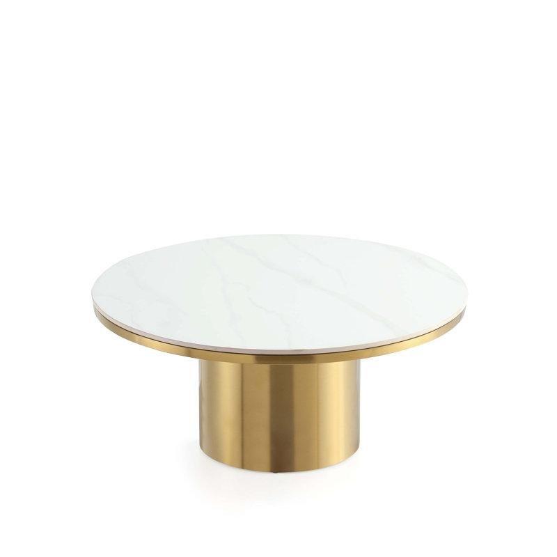 Beyaz Sinterlenmiş Taş Tablalı Gold Paslanmaz Çelik Yuvarlak Orta Sehpa - 80 cm - 244244