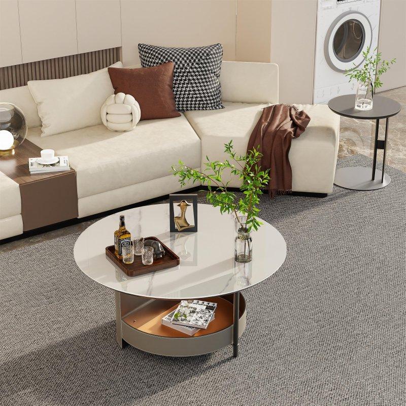 Beyaz Sinterlenmiş Taş Tablalı Semer Derisi Depolamalı Yuvarlak Orta Sehpa - 80x40 cm - 242532