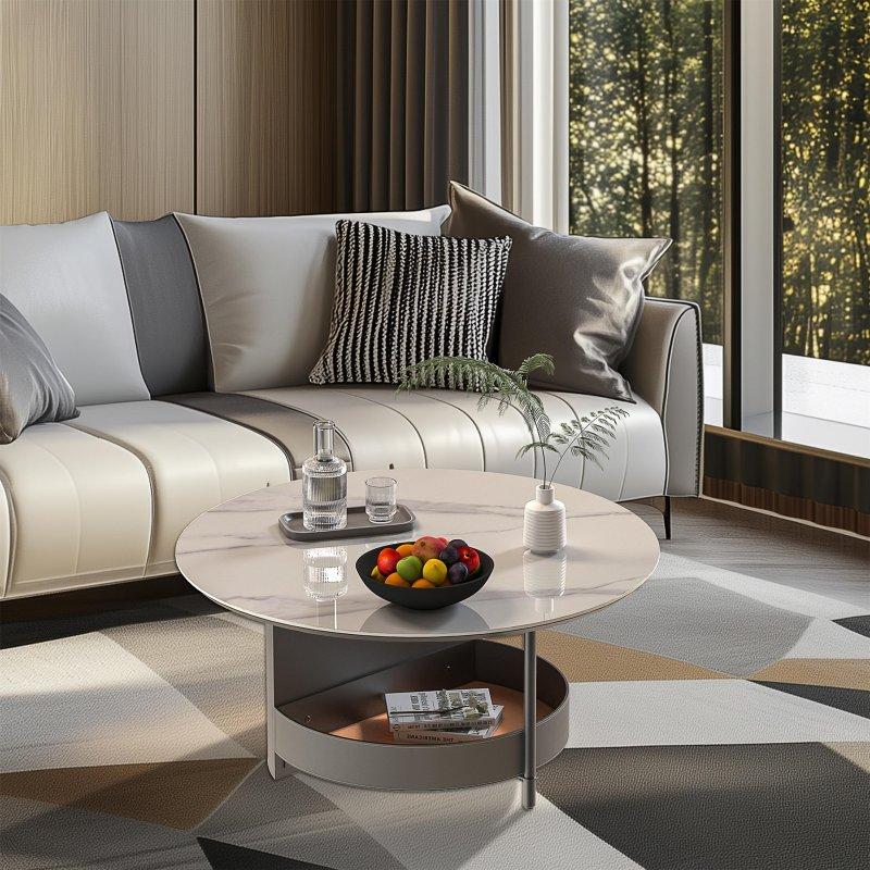 Beyaz Sinterlenmiş Taş Tablalı Semer Derisi Depolamalı Yuvarlak Orta Sehpa - 80x40 cm - 242532