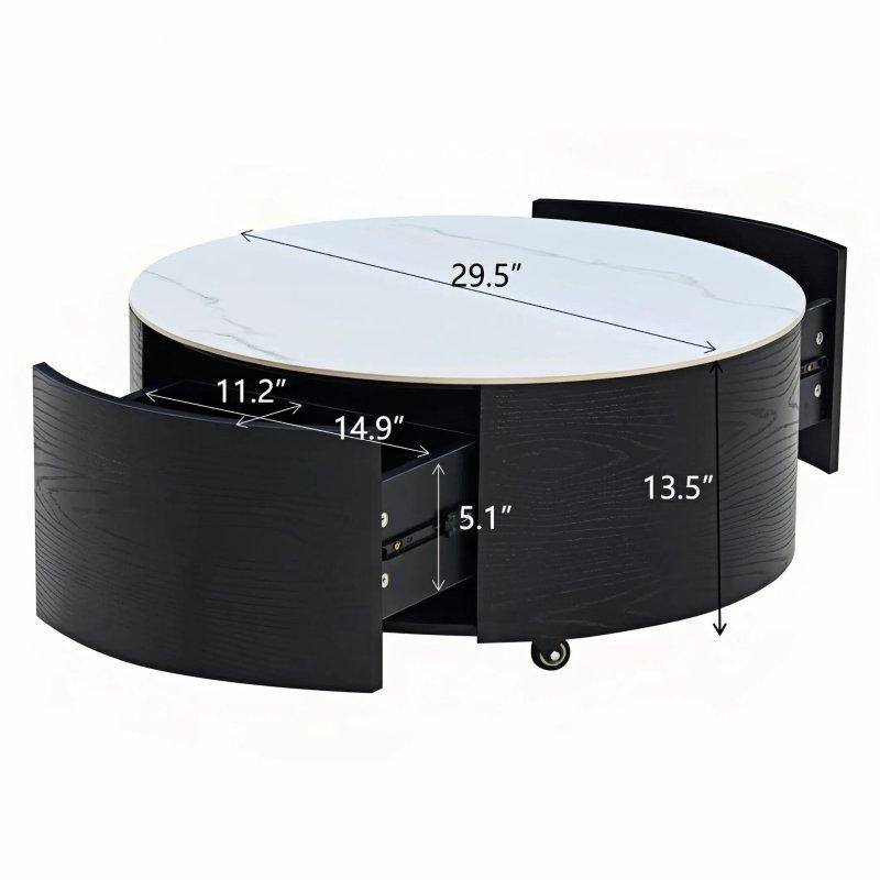 Beyaz Sinterlenmiş Taş Tekerlekli 2 Çekmeceli Yuvarlak Orta Sehpa - 75 cm - 240696