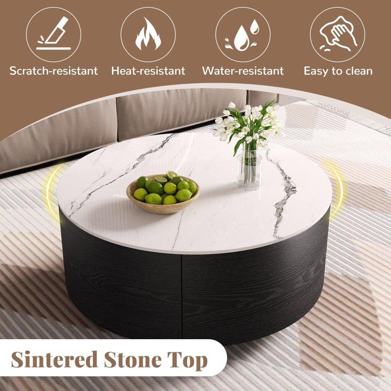 Beyaz Sinterlenmiş Taş Tekerlekli 2 Çekmeceli Yuvarlak Orta Sehpa - 75 cm - 240696