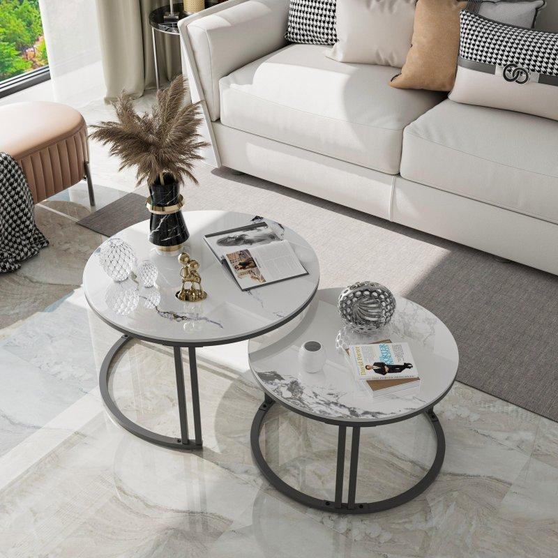 Beyaz Sinterlenmiş Taş ve Alüminyum Zigon 2li Set Yuvarlak Orta Sehpa - 241143