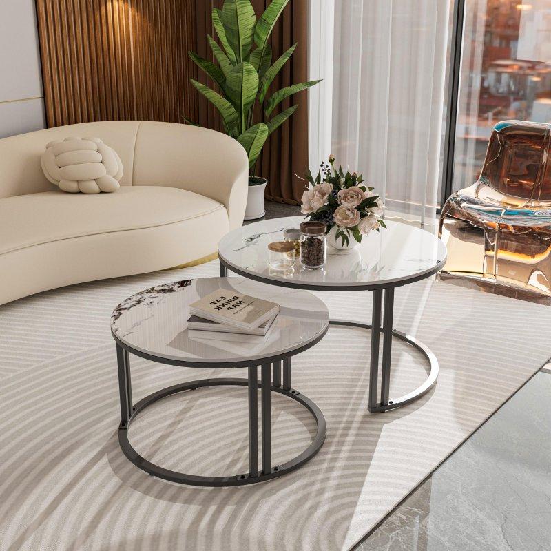 Beyaz Sinterlenmiş Taş ve Alüminyum Zigon 2li Set Yuvarlak Orta Sehpa - 241143