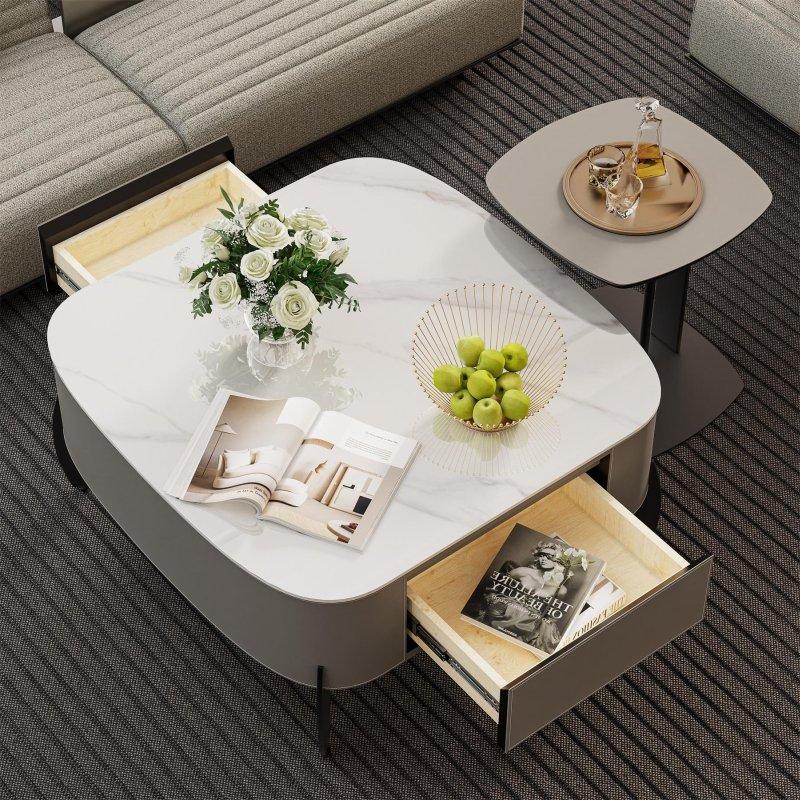 Beyaz Sinterlenmiş Taş ve Gri Mikrofiber Deri 2 Çekmeceli Yuvarlak Orta Sehpa - 80x80x40 cm - 241205