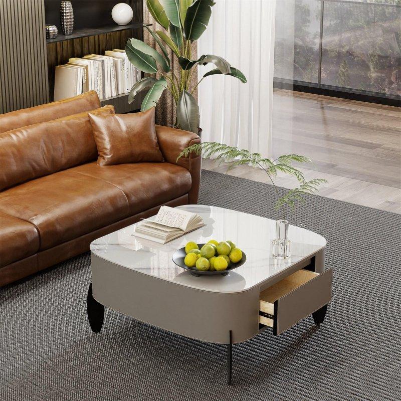 Beyaz Sinterlenmiş Taş ve Gri Mikrofiber Deri 2 Çekmeceli Yuvarlak Orta Sehpa - 80x80x40 cm - 241205