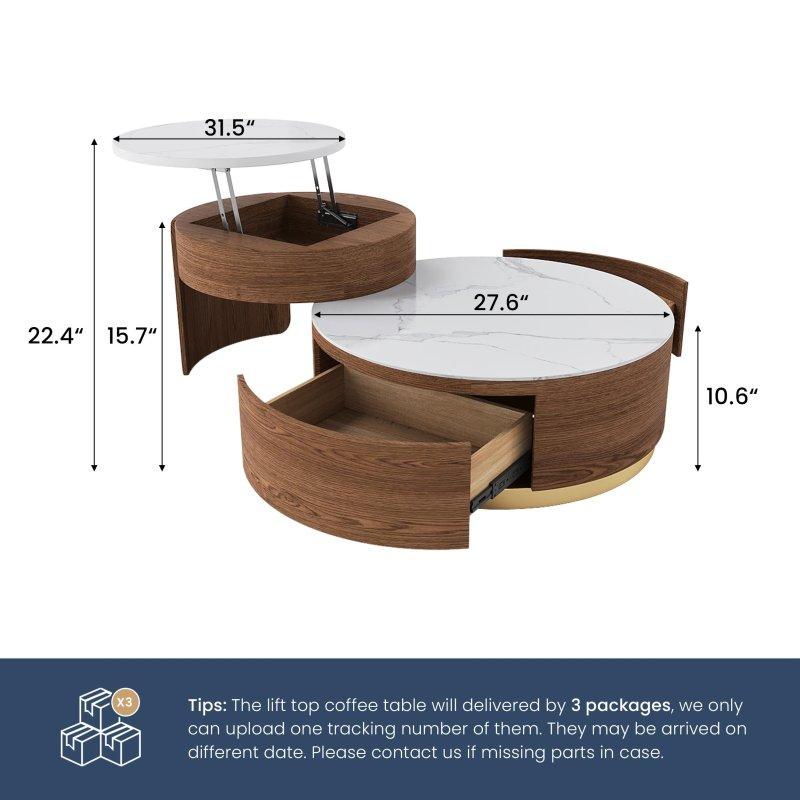 Beyaz Sinterlenmiş Taş ve MDF Asansörlü 2li Zigon Yuvarlak Orta Sehpa Seti - 80 cm - 243328