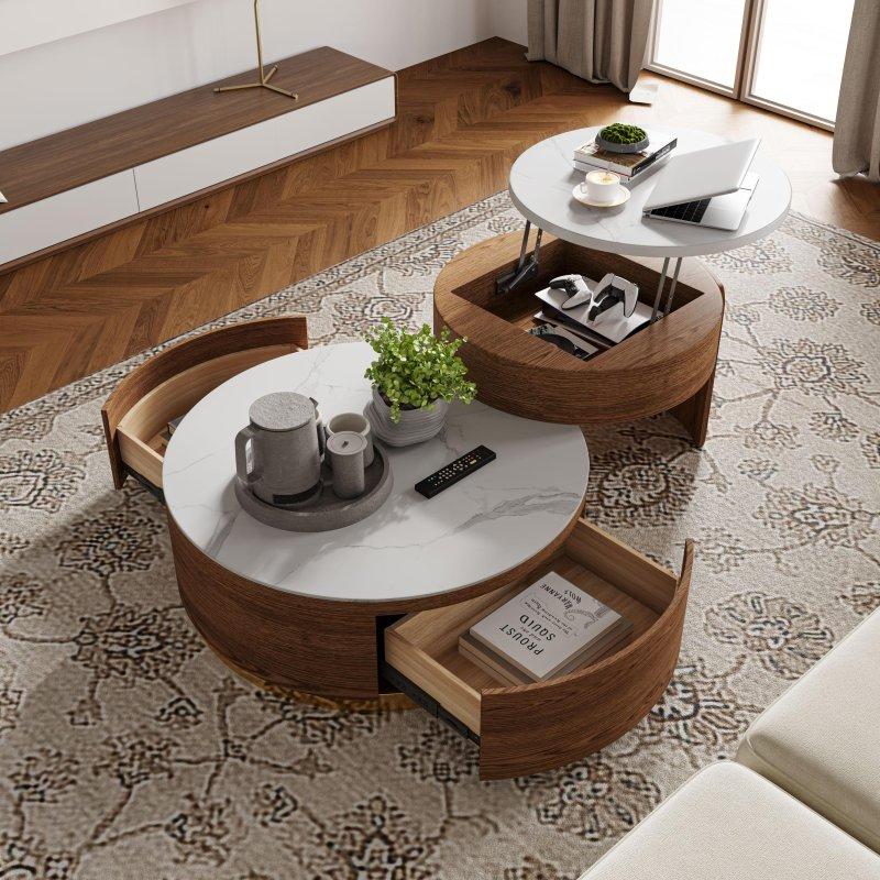 Beyaz Sinterlenmiş Taş ve MDF Asansörlü 2li Zigon Yuvarlak Orta Sehpa Seti - 80 cm - 243328