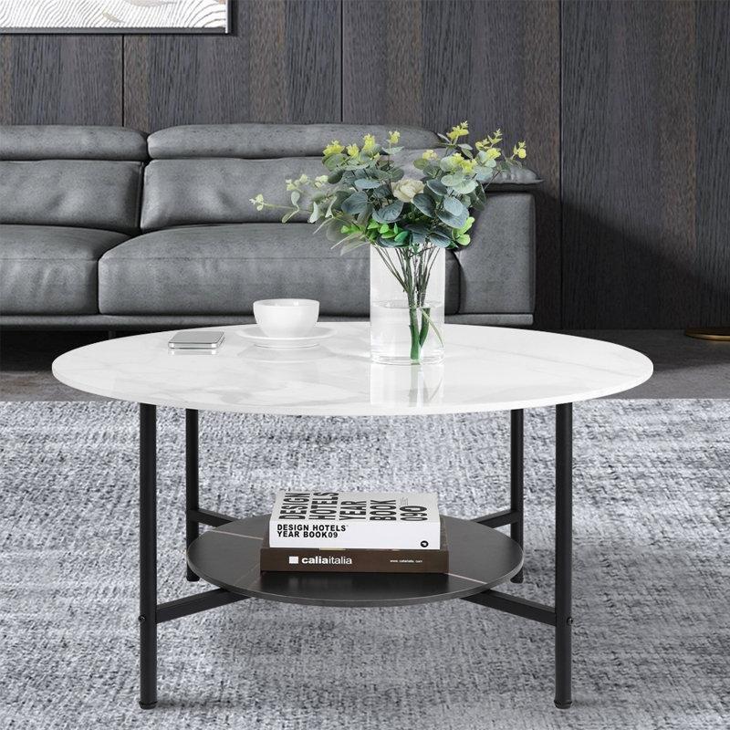 Beyaz Sinterlenmiş Taş ve Siyah Çelik Raflı Yuvarlak Orta Sehpa - 81x48 cm - 245171