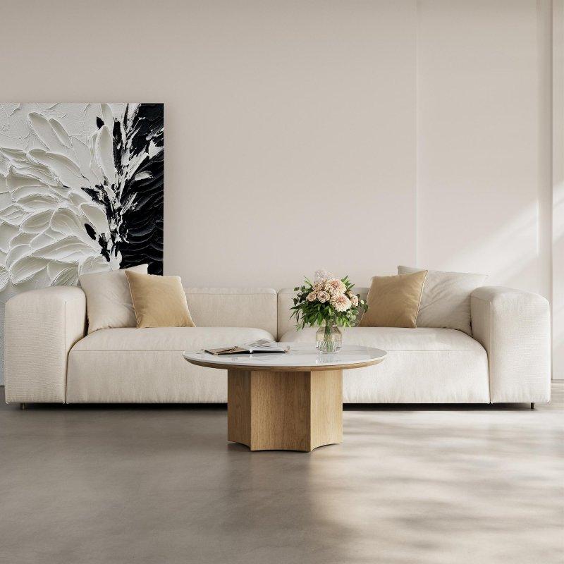 Beyaz Sinterli Taş Tablalı Masif Ahşap Kaide Ayaklı Yuvarlak Orta Sehpa - 90 cm - 243272